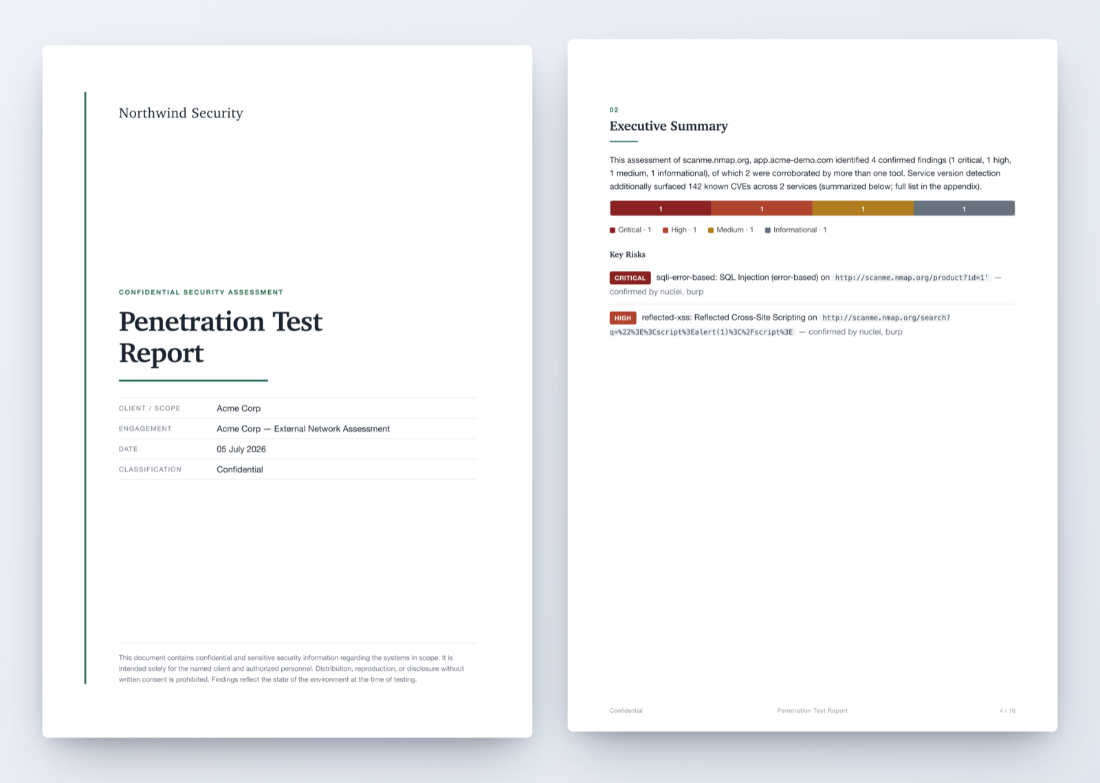 Client-ready PDF report — cover page and executive summary with severity breakdown